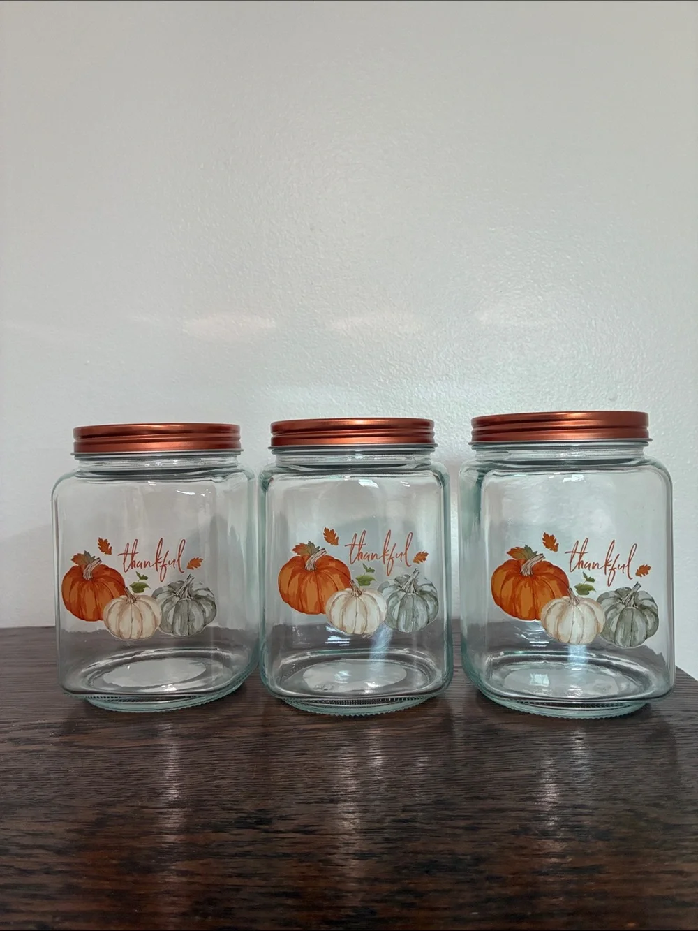 NWT- Set of 3- THANKFUL- Pumpkin Trio Harvest Glass Jars w/ Screw On Copper Lid